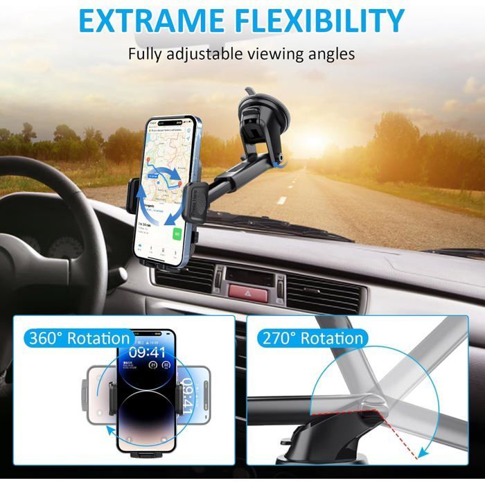 Support téléphone voiture ventouse + grille d’aération, rotation 360°, libération rapide, tableau de bord pare-brise
