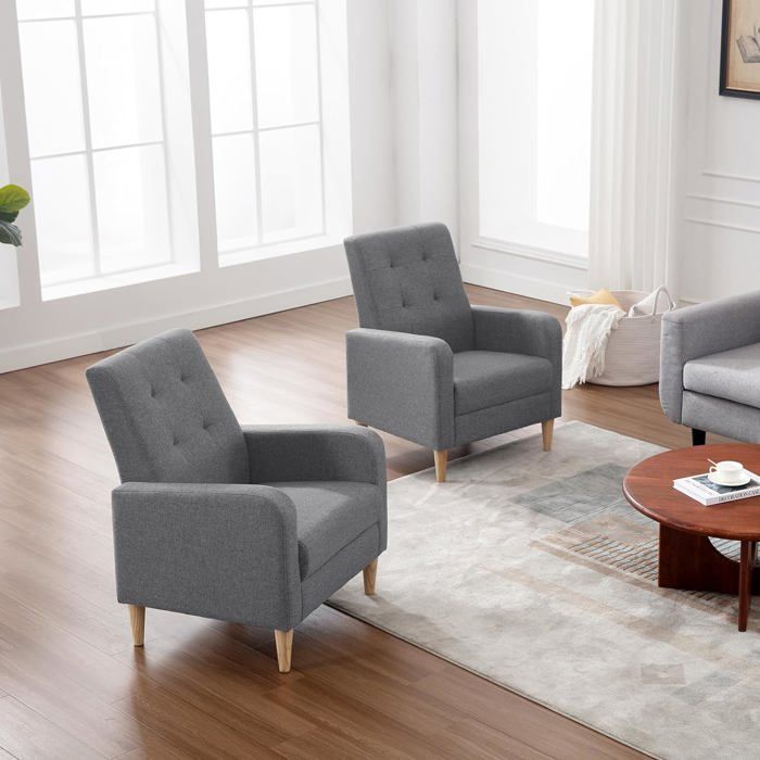 WOLTU Fauteuil Salon Scandinave, Fauteuil Cabriolet Relax, Siège Rembourré en Lin, Pieds en Bois Massif, Gris Foncé W0ATT0343
