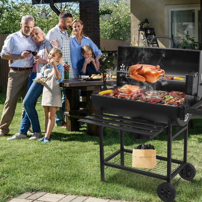Barbecue Charbon de Bois avec Tournebroche Électrique, Chariot avec Couvercle,Thermomètre, 2 Tablettes Pliantes, Tiroir à Cendres
