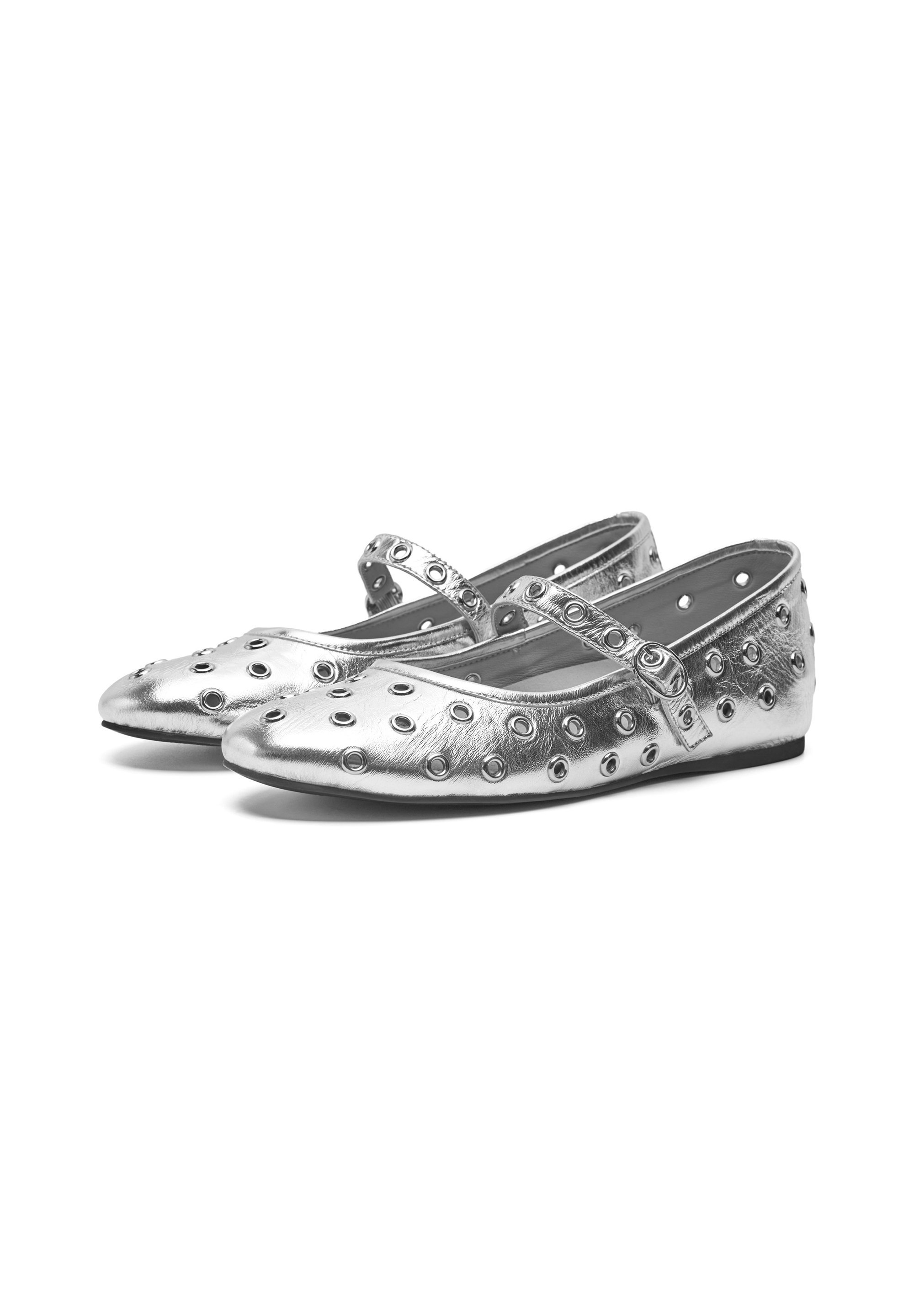 Woden Ballerinas mit Knöchelriemen – silber