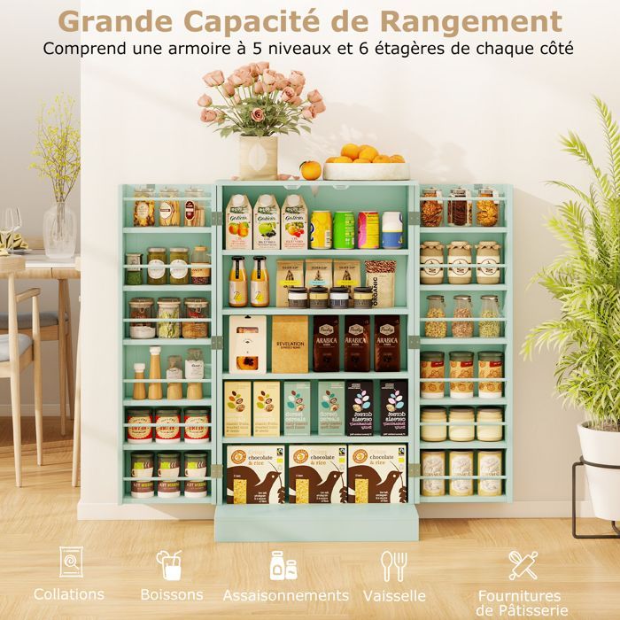 Aparador de cocina COSTWAY de 104 cm, puertas con apertura de 180°, estantes ajustables, kit antivuelco, para comedor/sala de estar, color verde.