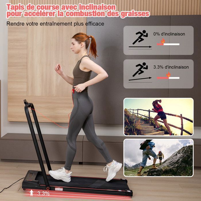 Tapis de Course Pliable et Inclinaible jusqu'à 3.3%,CITYSPORTS ZX2.Moteur 1400W,Vitesse 1-12km/h,Noir avec Rouge