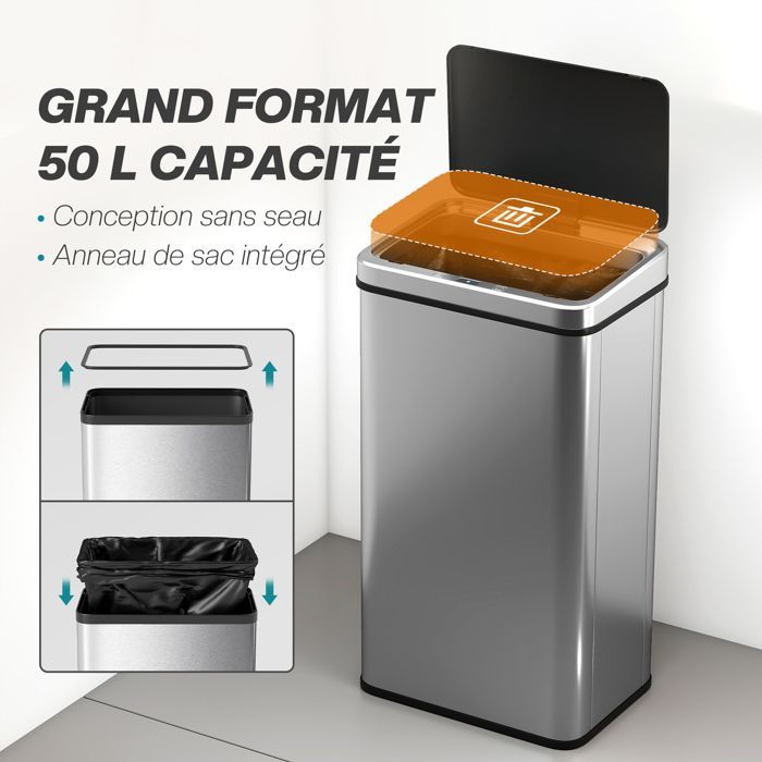 Cubo de basura automático para cocina - HOMCOM - 50L - tapa de cierre suave - acero inoxidable - 35,5x26x67cm - plata