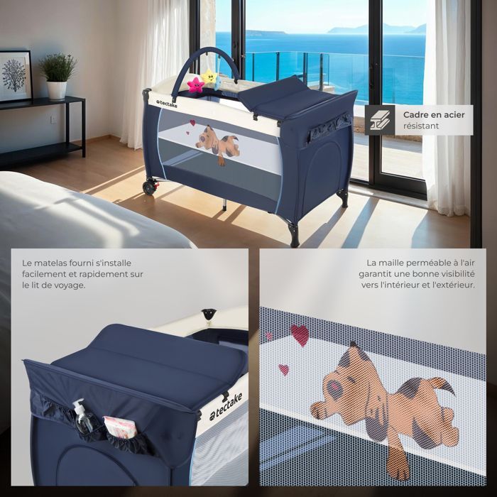 Cuna de viaje - TECTAKE - Cuna de viaje HUND de nailon plegable que ahorra espacio, 132 x 75 x 104 cm - Azul