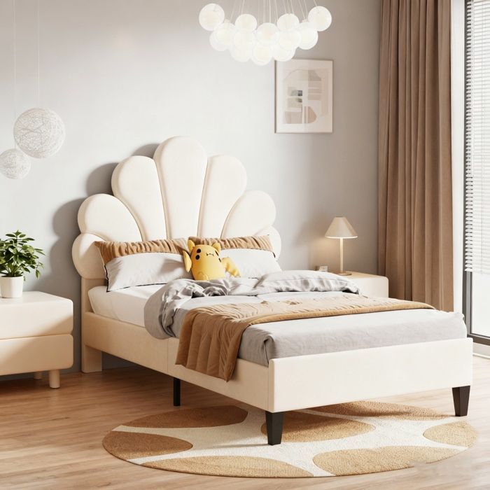 Cama de solteiro 90x200, estrutura de cama com cabeceira em formato de flor e estrado de ripas, cama infantil estofada, veludo, bege