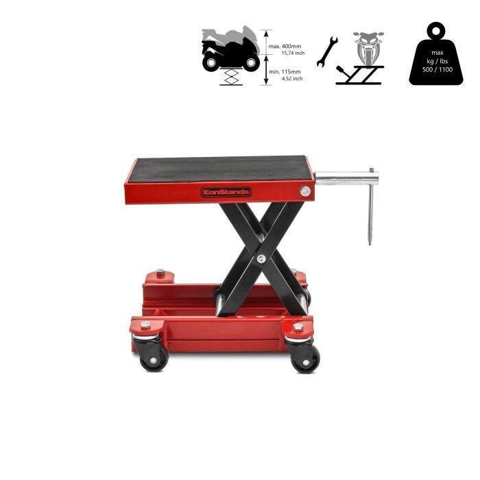 Carro elevador para motocicletas ConStands HR1 de 500 kg, color rojo.