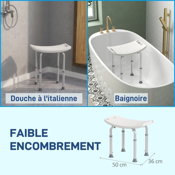 Taburete de ducha - HOMCOM - silla ajustable para personas mayores y personas con discapacidad, con patas antideslizantes - aluminio - blanco