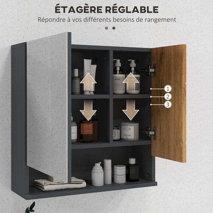 Armario de pared - Kleankin - Mueble de baño con espejo, 2 puertas y estantes ajustables - Madera - 55x17x55cm - Gris natural