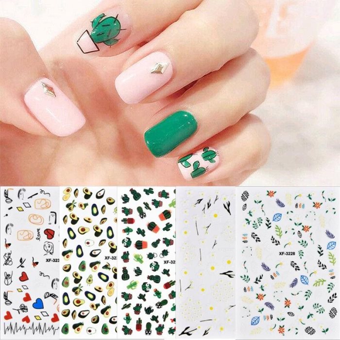 Stickers de transfert pour nail art à faire soi-même, motif cactus et cœur, décorations pour ongles, stickers à transfert à l'eau, couverture complète pour ongles