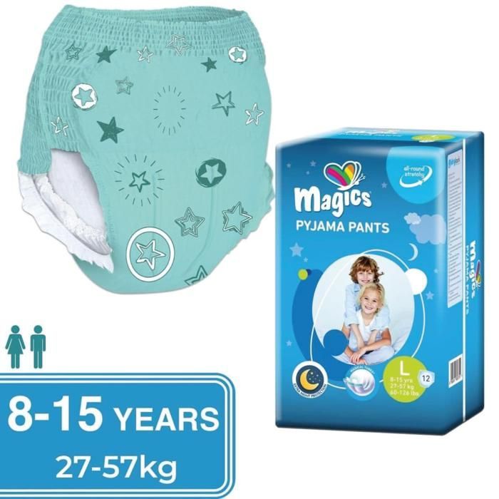 Magics Night Pants - 72x Couches Culotte de Nuit Absorbants - Enfants 8-15 Ans, Taille L (27-57 Kg) - Sous-Vêtements Fuite Urinaire