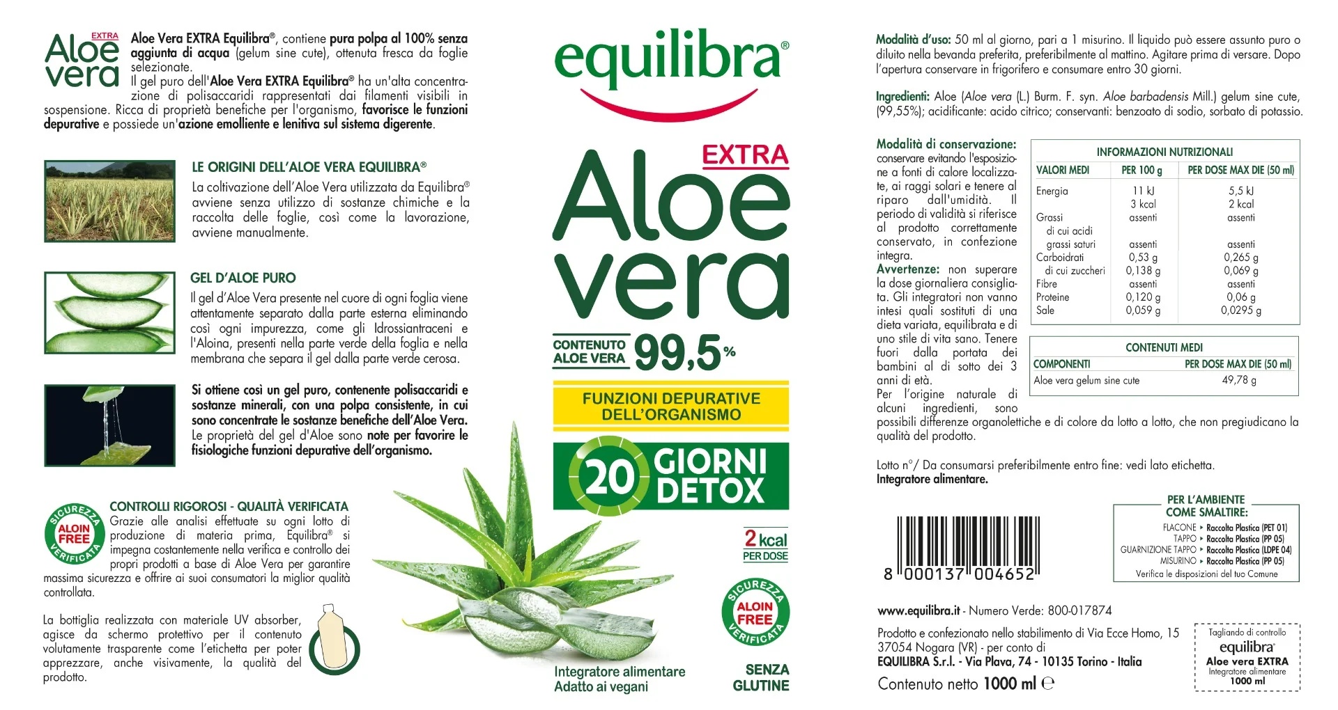 EQUILIBRA Equilibra Aloë Vera Extra 99,5% 1 L reinigende en spijsverteringseffect