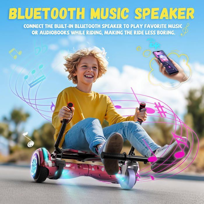 Hoverboard with integrated seat, 6.5 inches with Bluetooth speaker and LED lights for children (including pedal kart), Pink
