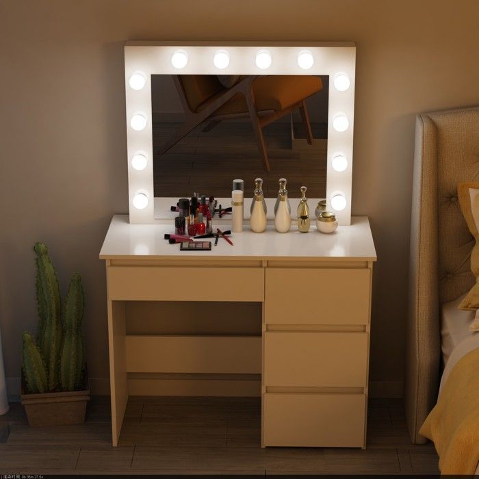 Coiffeuse table de maquillage avec 4 tiroirs et miroir LED blanc - PEGANE - Contemporain - Design