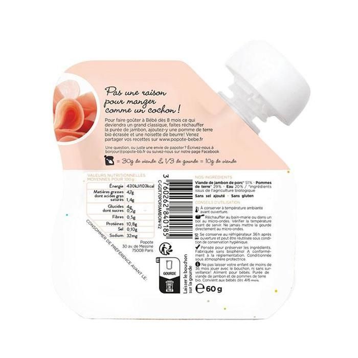 Zakje biologische ham voor baby's van 4-6 maanden en ouder, 60 g