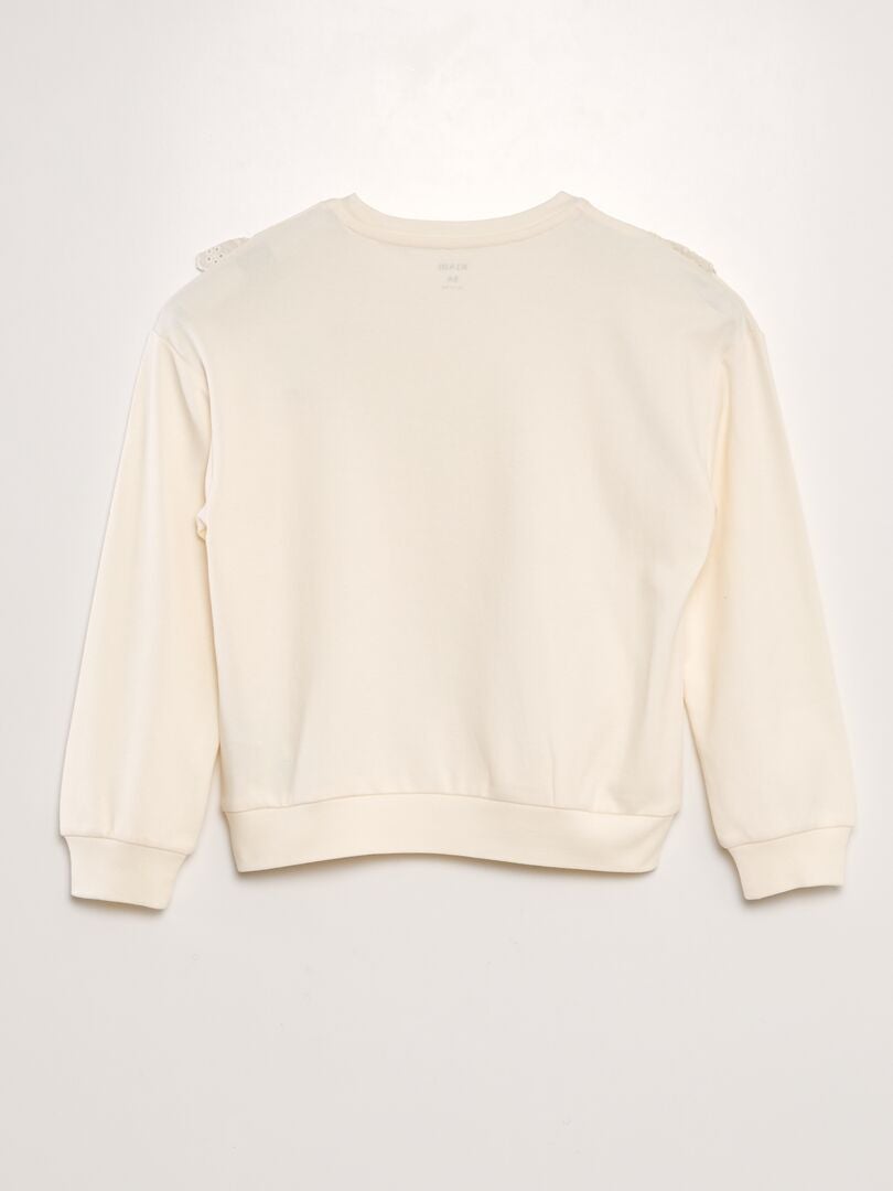 Fleece sweatshirt met ruches en Engelse borduursteken - WIT