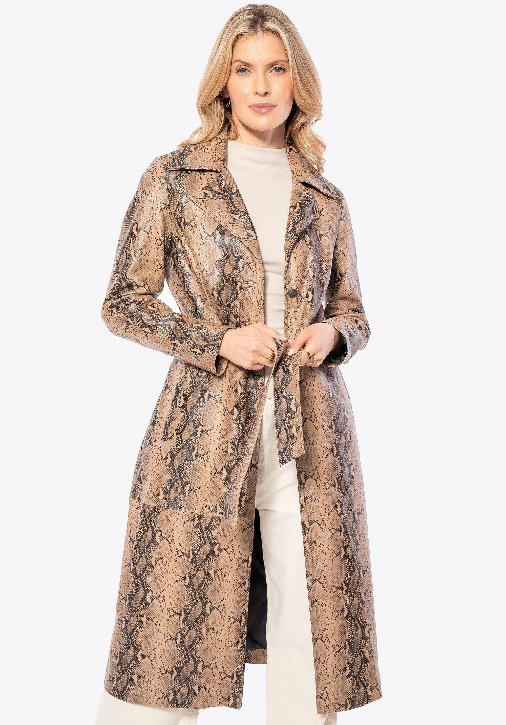 Damski płaszcz ze skóry w zwierzęcy wzór beżowy
