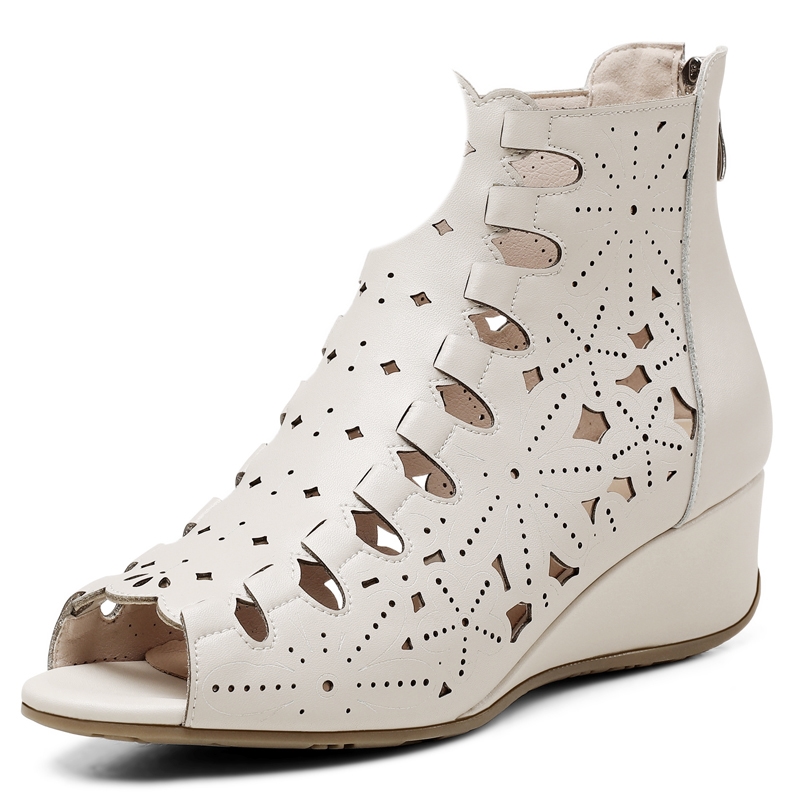 Sandali con zeppa in vera pelle traforata con punta aperta per donna, sandali con tacco alto, scarpe casual estive da donna, sandalias Mujer