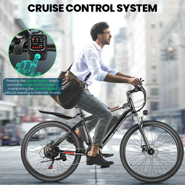 Gocio 500W Elektrofahrrad, 26 Zoll, E-Bike für Erwachsene mit Tempomat, Mountainbike mit herausnehmbarem 375Wh Lithium-Ionen-Akku, 80 km Reichweite, 21 Gänge, Pendlerfahrrad für Damen und Herren