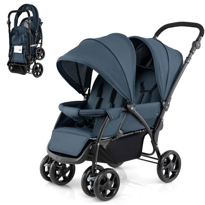 Cochecito doble plegable COSTWAY con capota ajustable, manillar, 4 ruedas con amortiguación, arnés de 5 puntos y capacidad de carga de 30 kg - Azul