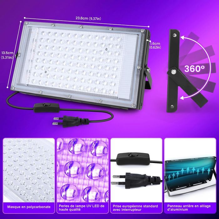 Proyector LED - Luz negra/morada - Lámpara UV - 100W - 395nm - IP66 - para Navidad, Halloween, fiestas neón, luces incandescentes, pintura corporal