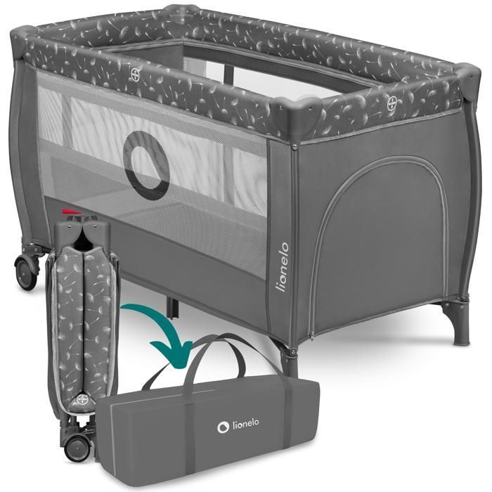 Cuna de viaje compacta 2 en 1 LIONELO Stefi Plus - Parque infantil - Colchón de alta densidad - 0-36 meses - 2 ruedas - Gris