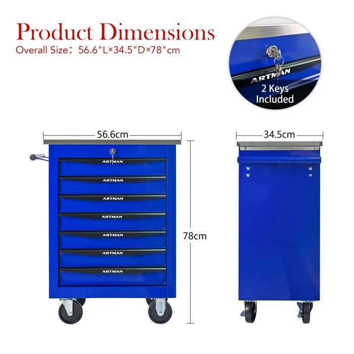 Carrello portautensili - 7 cassetti - Acciaio inox - Ruote piroettanti - Serratura a chiave