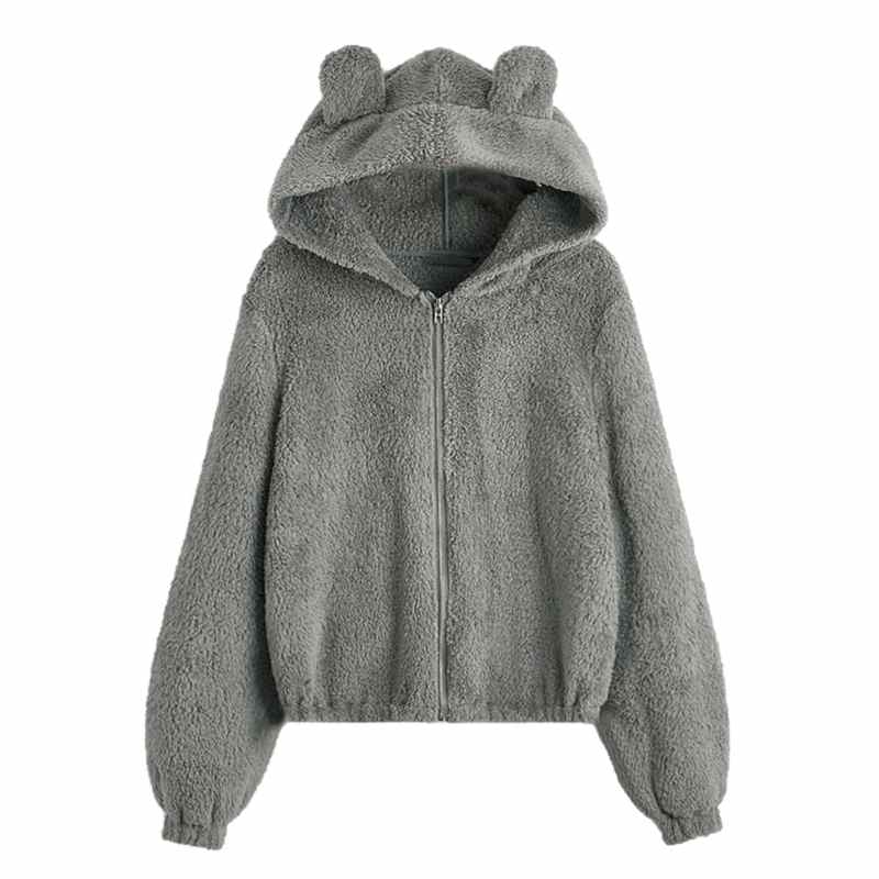 Veste en peluche pour femme, manteau d'automne-hiver ample à capuche unie avec fermeture éclair aux oreilles, cardigan décontracté à capuche, veste d'extérieur