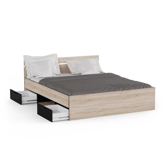 Cama doble - DEMEYERE - MICHIGAN - 160 x 200 cm - Roble cepillado y negro - 2 cajones y 1 nicho