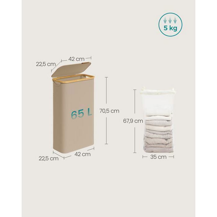 Cesto de ropa delgado SONGMICS con tapa, 65 L, forro de malla extraíble, tela Oxford, plegable, 42 x 22,5 x 70,5 cm, marrón