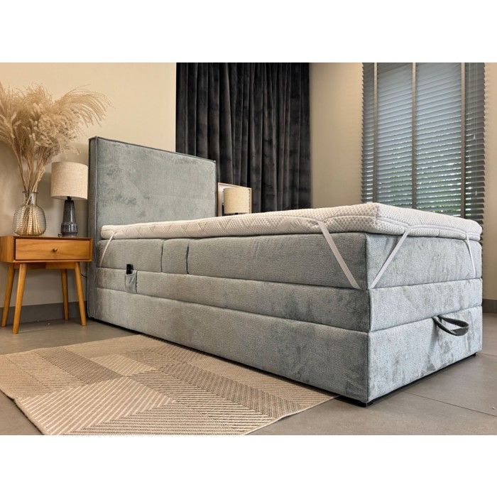 Lit adulte 90x200 SORRENTO - ensemble relaxation électrique avec matelas ressorts ensachés, rangement et surmatelas en gris clair
