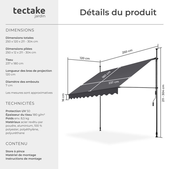 Store banne de jardin - TECTAKE - Store à pince sans perçage avec manivelle réglable en hauteur - Noir/Gris - 250 x 180 cm