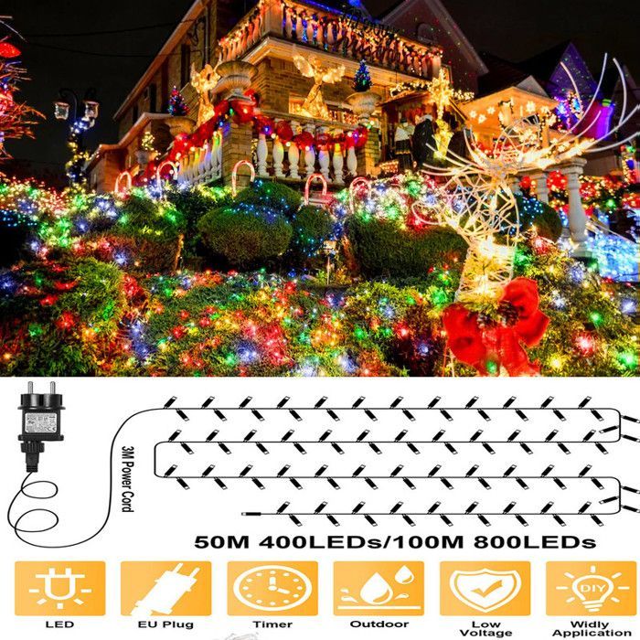Outdoor Christmas String Lights with Plug, Multicolor, IP44, 20m, 200 LEDs, Memory/Timer, 8 Modes, For Garden/Wedding/Parties