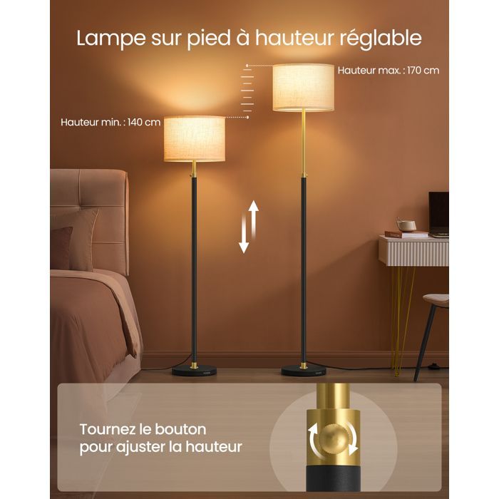 Lámpara de pie, altura regulable de 140 a 170 cm, estilo moderno, interruptor de pie, pantalla de tela, casquillo E27, color dorado y negro.