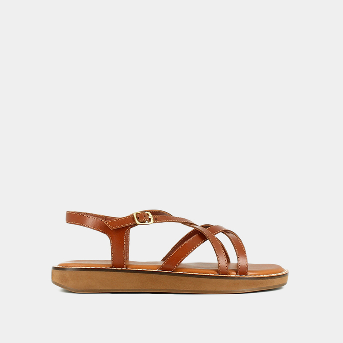 Sandales à plateformes et brides croisées  en cuir cognac