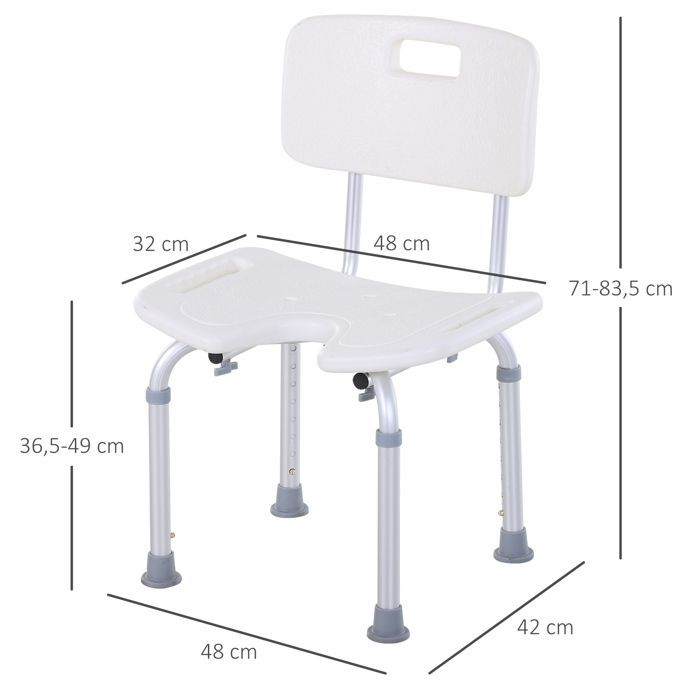 Chaise de douche - HOMCOM - ergonomique - hauteur réglable - pieds antidérapants - charge max. 136 Kg - alu HDPE - blanc