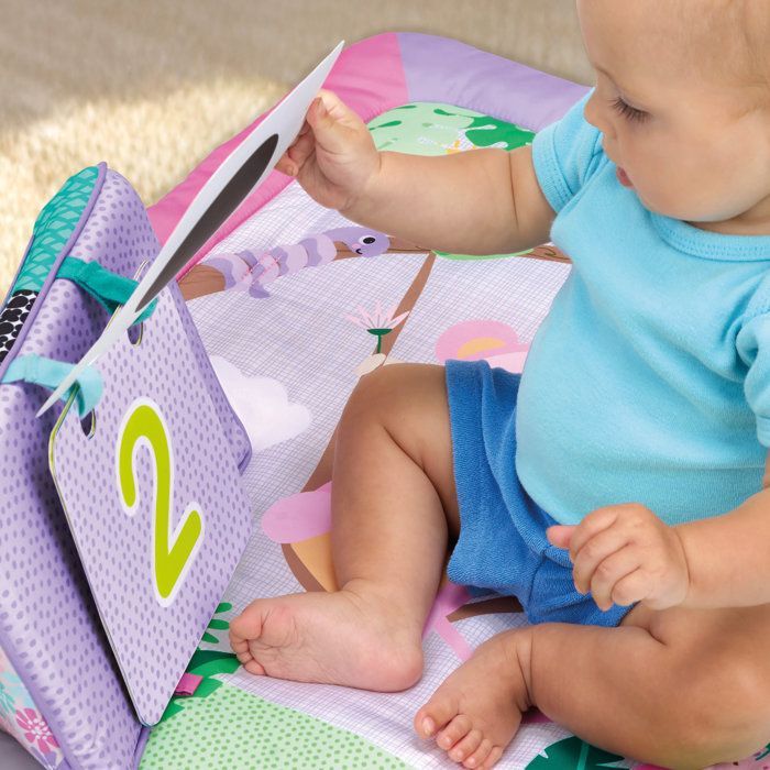 BRIGHTS STARTS Petit tapis d'éveil bébé pliable rose, arche de jeux, 5 jouets bébé, miroir, cartes, boulier et anneau de dentition