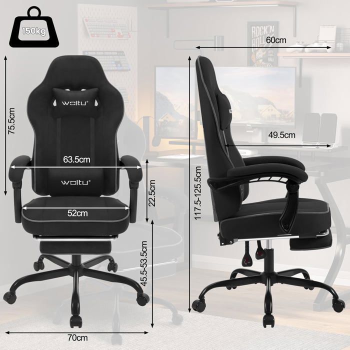 WOLTU Gamingstoel, Gamingfauteuil, Pocketveringkussen, Lendensteun, Technisch textiel, Zwart W0ATT0611