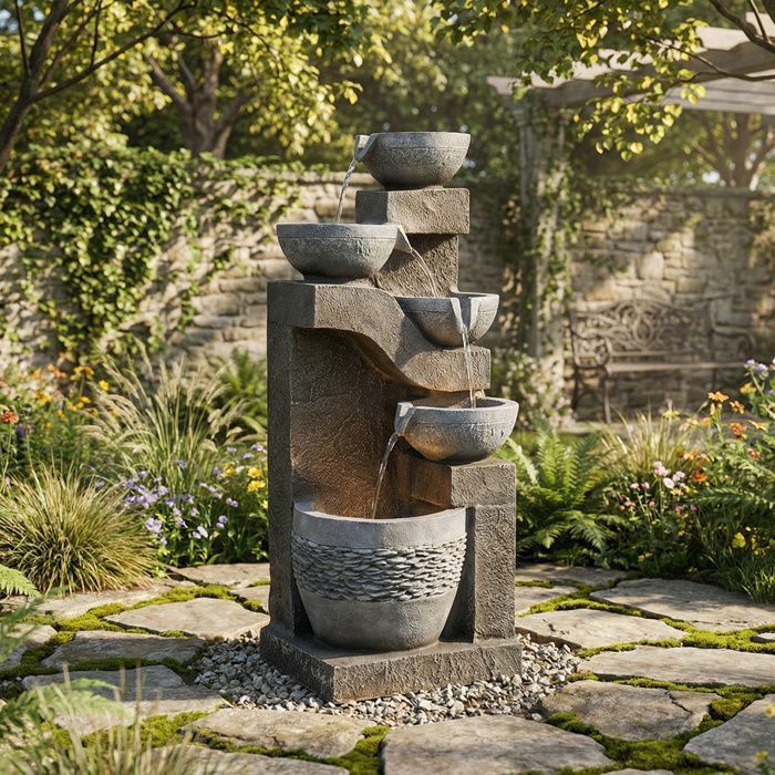 Grey LED Garden Fountain – Outdoor Kunststein Fountain + Pump + LED Light, Decorative Basin, Terrace/Balcony