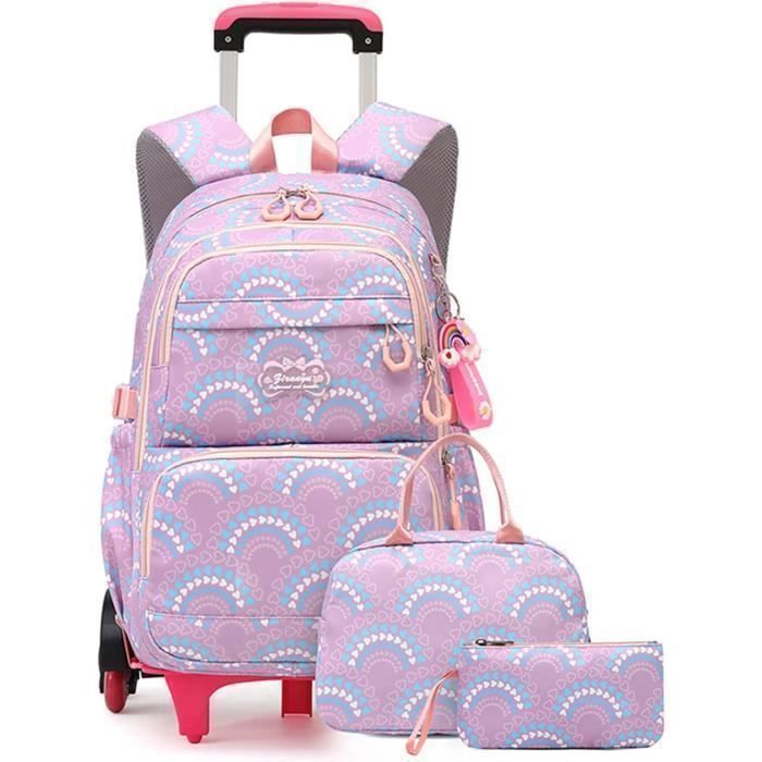 Trousse et Cartable à Roulette Fille Primaire LECOO - Violet - Avec Lunch Box et Trousse - 6 Roues pour Escaliers
