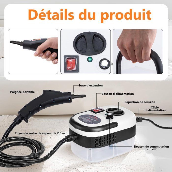 Limpiador a vapor de 2500 W, con 5 cabezales de cepillo, ajustable a 6 niveles, para limpiar suciedad, grasa y polvo, color negro.