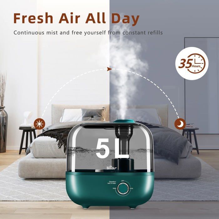 Humidificateur 5L à Remplissage par Le Haut, 28 dB Ultra Silencieux Fonctionne Jusqu'à 35 Heures, avec Plateau D'arômes