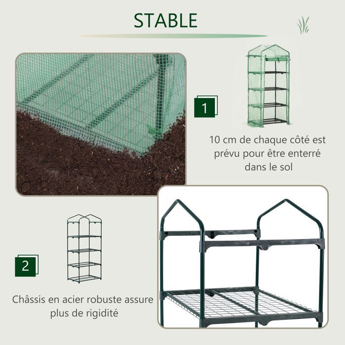 Garden greenhouse - Outsunny - PE shelves, 4 tiers, balcony, reinforced 140 g/m² tarpaulin, flowers - steel - 70x50x160cm - green