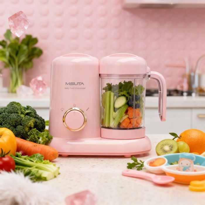 Robot da cucina multifunzione 4 in 1 per la preparazione di pappe e frullatore completamente automatico con funzione vapore e timer, rosa