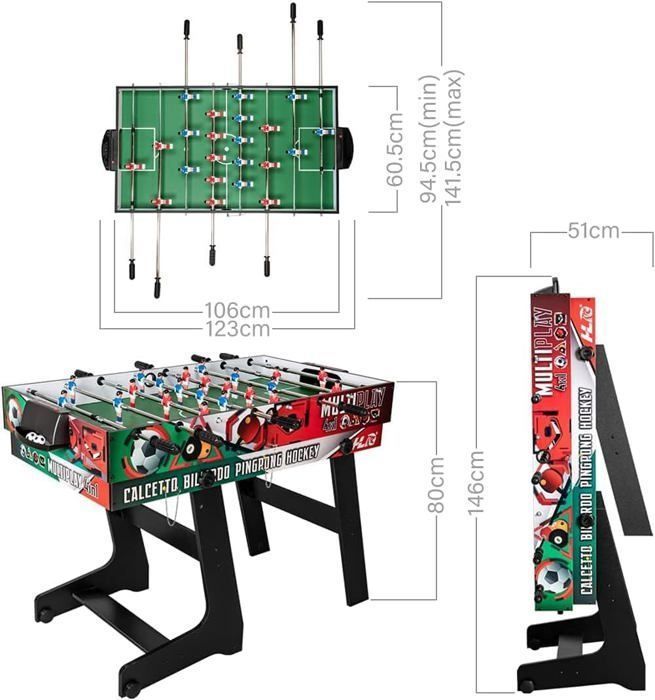 Mesa dobrável multijogos 4 em 1 - Pebolim - Bilhar - Pingue-pongue - Hóquei - Haste telescópica - 121x61x81cm