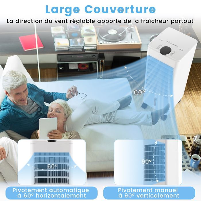 Aire acondicionado portátil COSTWAY 4 en 1 de 60 W - Depósito doble de 2,8 L - Control remoto, pantalla táctil LED - Temporizador de 12 horas - Oscilación de 60° - 3 velocidades de ventilador - Blanco