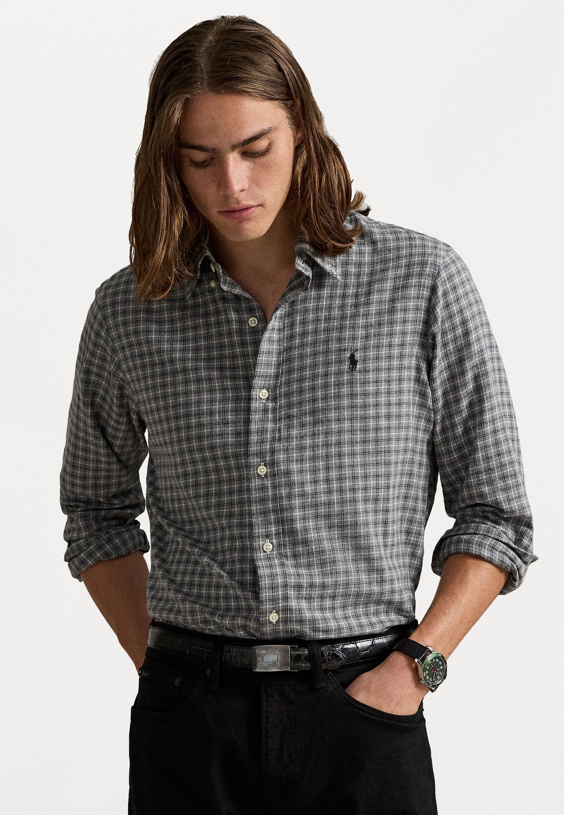 Chemise Polo Ralph Lauren coupe ajustée en sergé à carreaux - Gris clair chiné