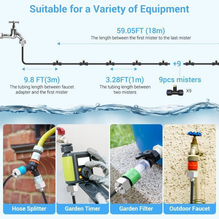 22M Outdoor Misting System, 19 Brass Nozzles for Patio, Parasols, Garden, Trampoline Cooling