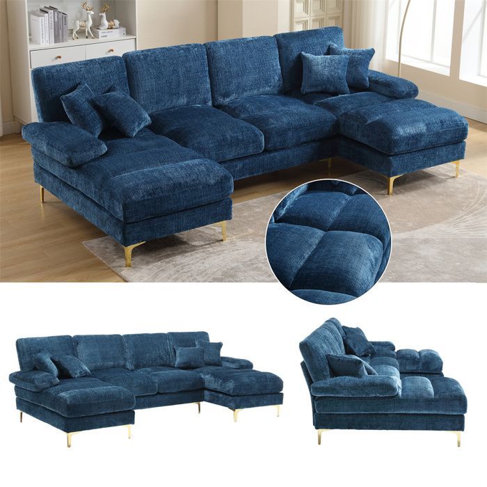 DRIPEX 4/5-Sitzer-Sofa aus Chenille-Stoff, modernes U-förmiges Sofa mit 4 Kissen für Wohnzimmer und Schlafzimmer, Blau