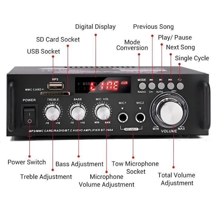 Amplificador HiFi, Bluetooth 5.0, micrófonos duales, 2 canales, múltiples interfaces, con control remoto, negro.