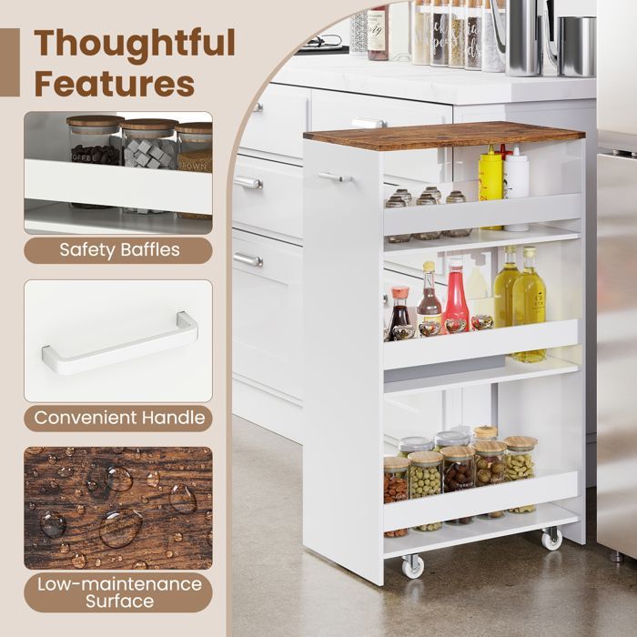 GIANTEX Narrow Kitchen Trolley with Wheels and Brakes - 4-Tier Serving Cart with Handle - 47.5x30x80.5cm - White + Brown